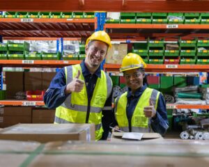Store clerks inspect products, warehouses, industrial and logistics supply chains.